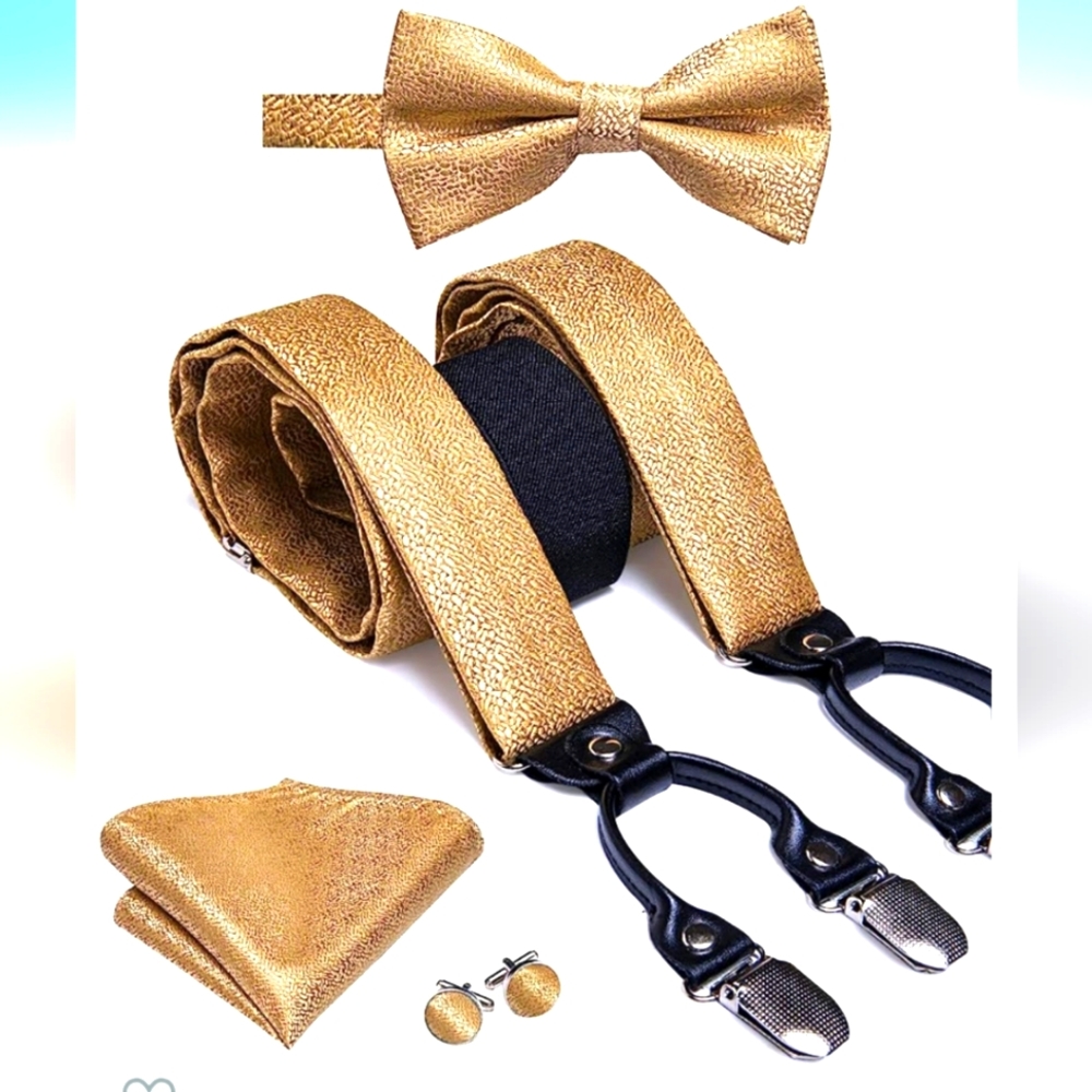 Hi-Tie Dubulle Gold Paisley Suspender Set Bow Tie Cuff Links Handkerchief Mens